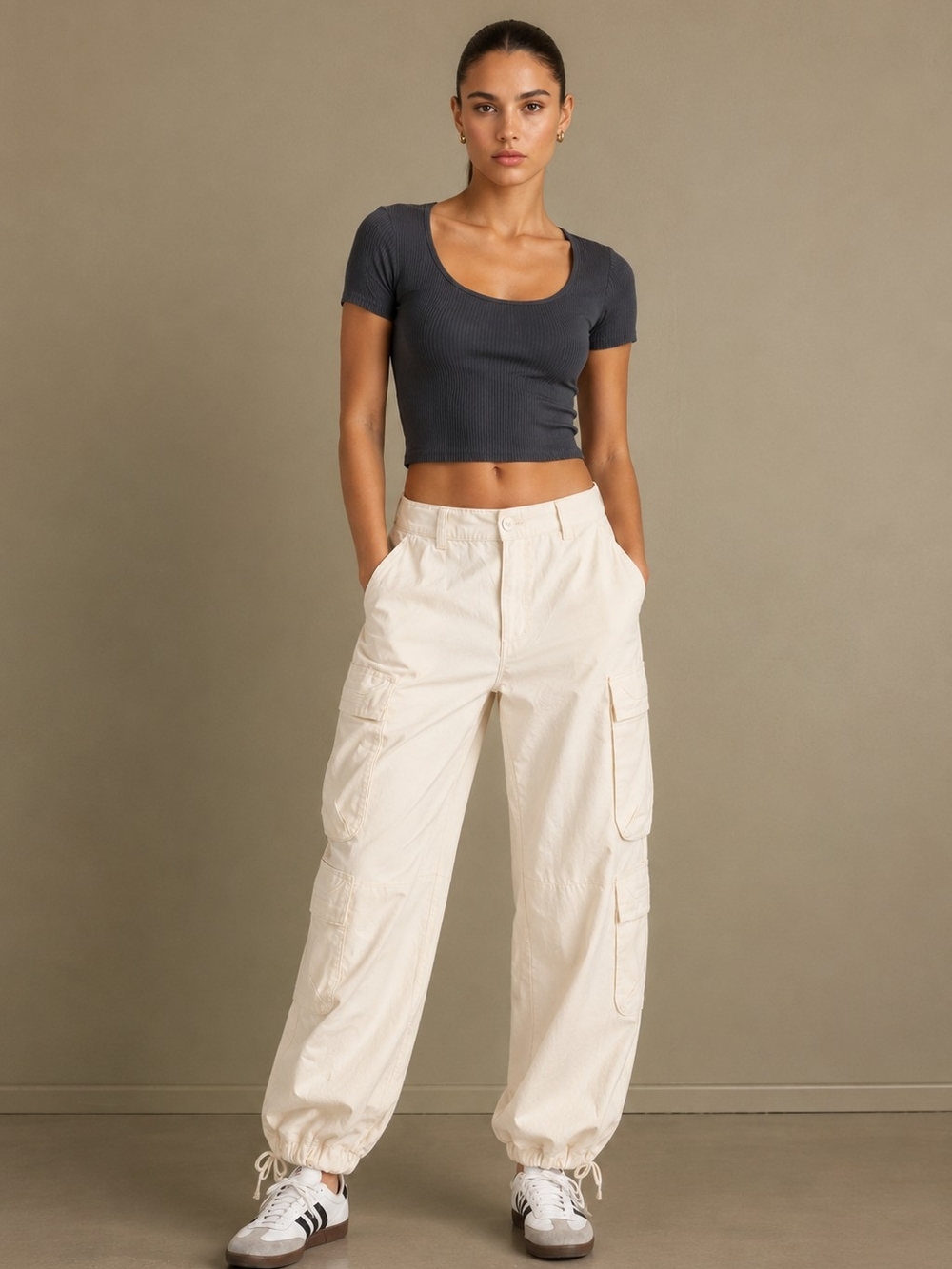 Aeropostale Beige Cargo Utility Women's Pants Low Rise Ankle Drawstring Safari
